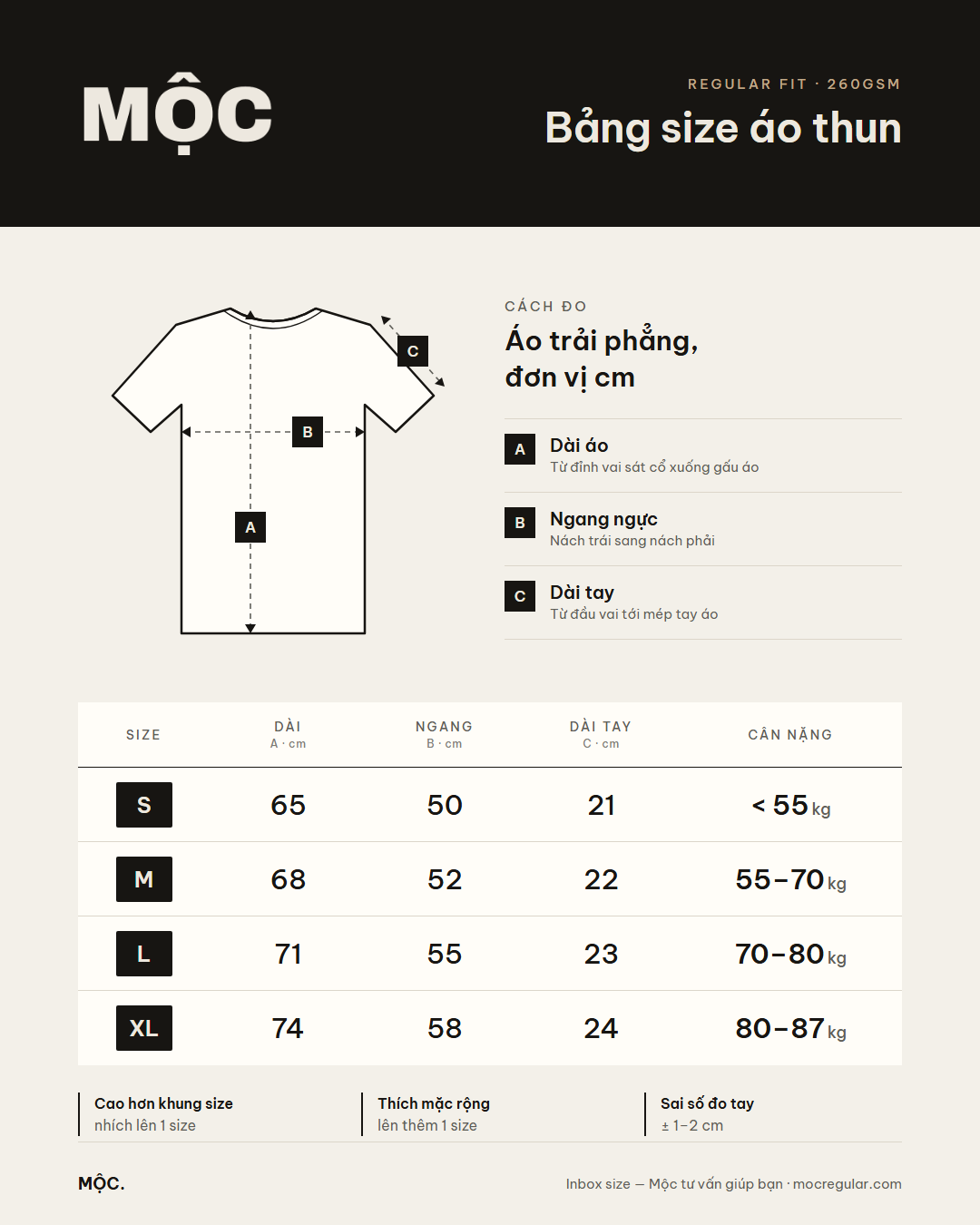Bảng size: S dài 65 ngang 50 tay 21 dưới 55kg; M 68/52/22 55–70kg; L 71/55/23 70–80kg; XL 74/58/24 80–87kg